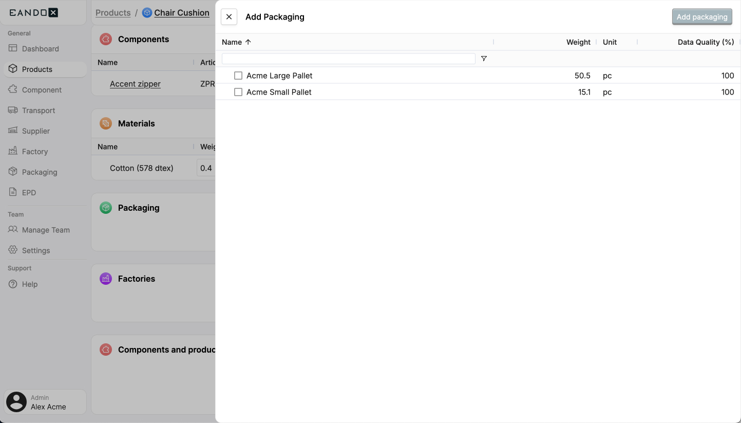 A screenshot of the Eandox platform showing the side-panel view for adding a Packaging record to a Product record. 