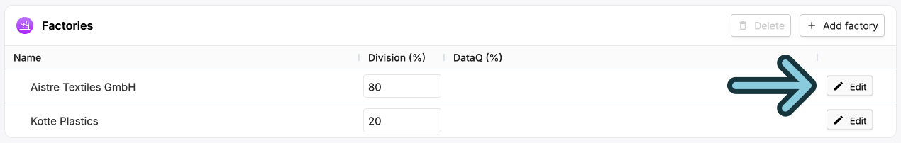 A screenshot of the Eandox platform showing a user where to click to edit a Factory record that was added to the Factories section of a Product record.
