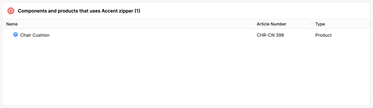 A screenshot of the Eandox platform showing the Relations section of a Product record that shows any entity records that are used in other record elsewhere in EandoX.