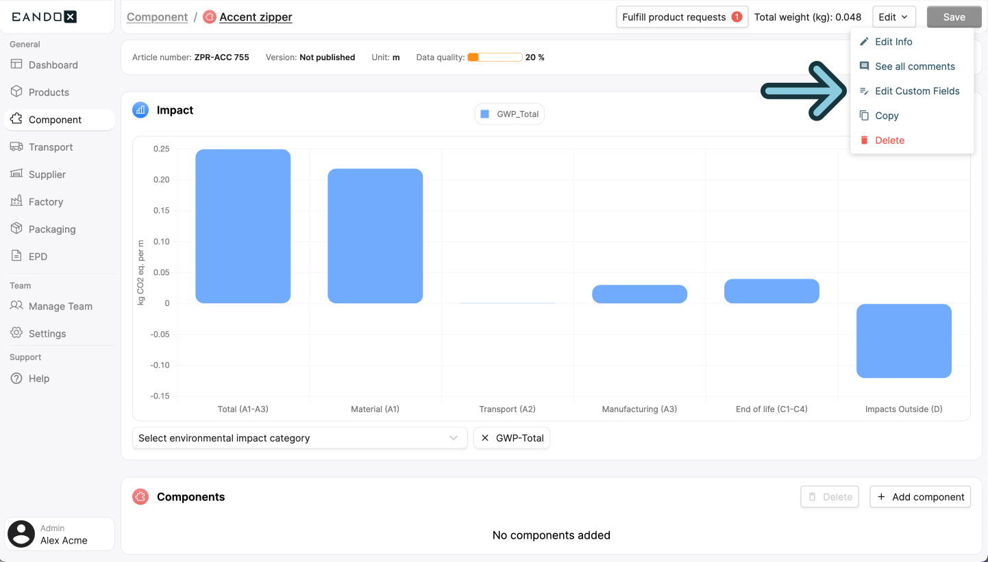 A screenshot of the Eandox platform showing a user where to click to edit Custom Fields on a Product record.