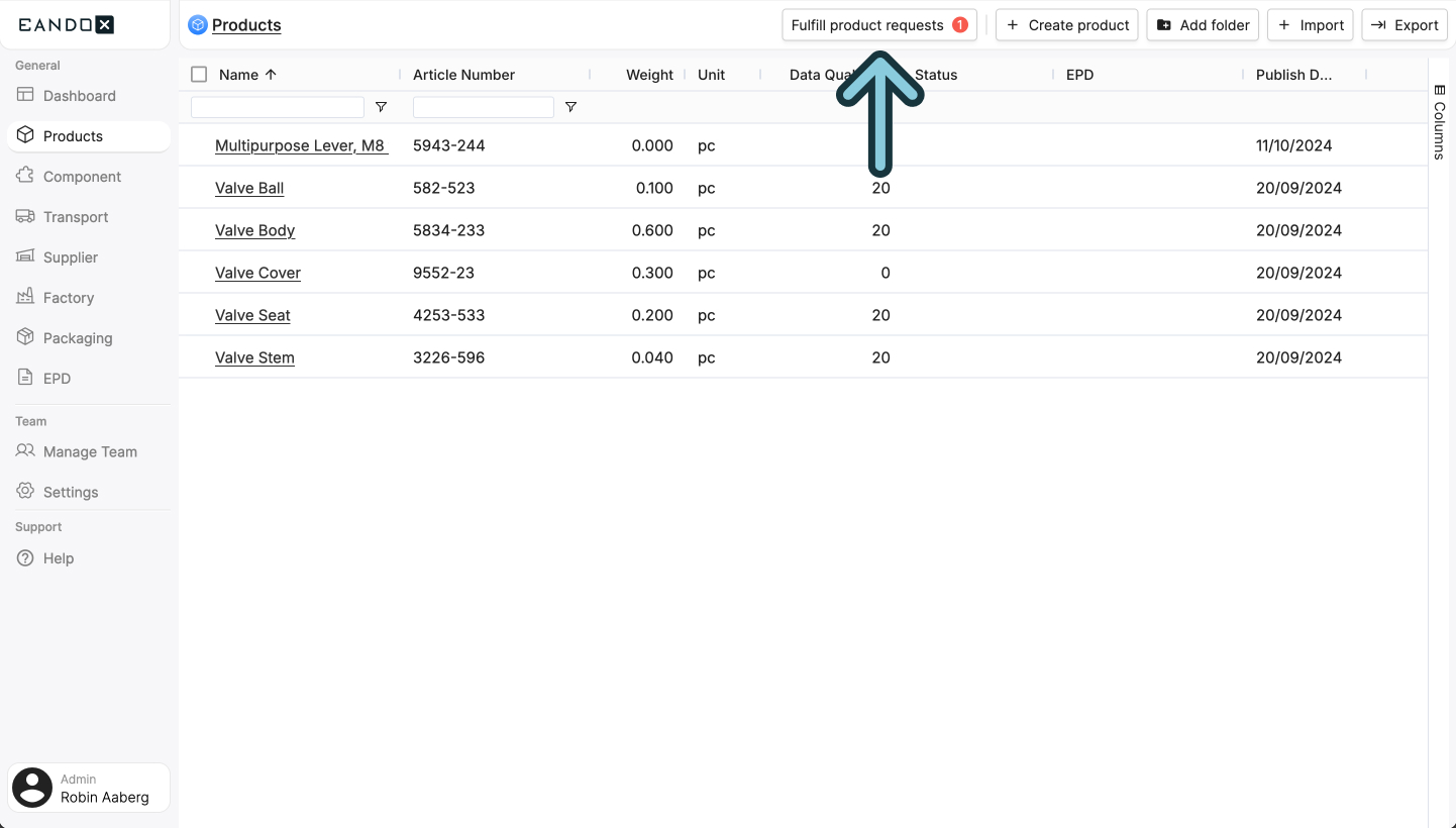 A screenshot of the EandoX platform showing a user where to click to fulfill product requests.