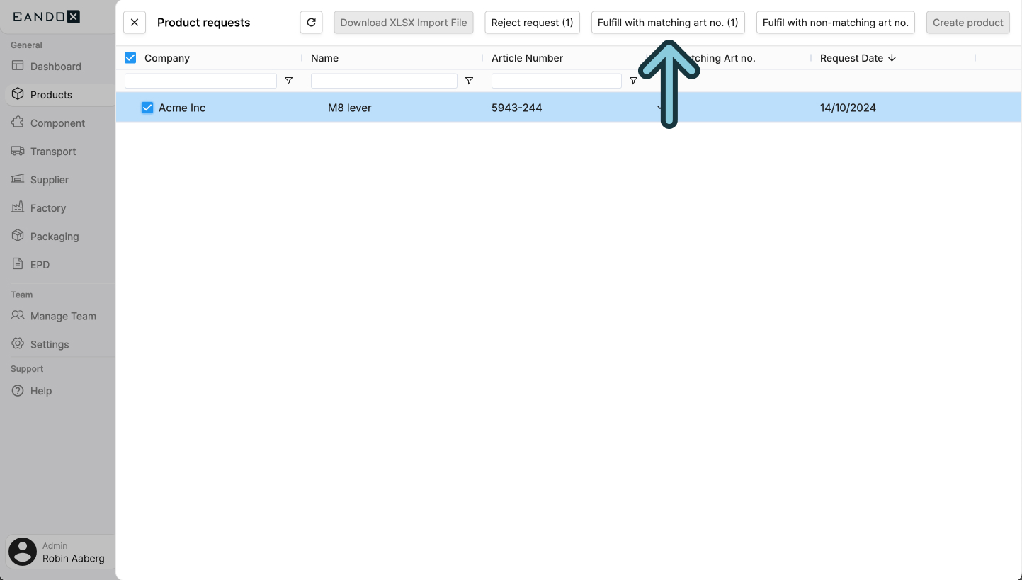 A screenshot of the EandoX platform showing a user where to click to fulfill product requests that have matching article numbers.