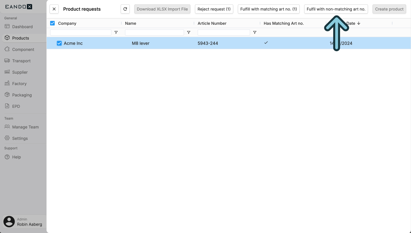 A screenshot of the EandoX platform showing a user where to click to fulfill product requests that do not have a matching article number.