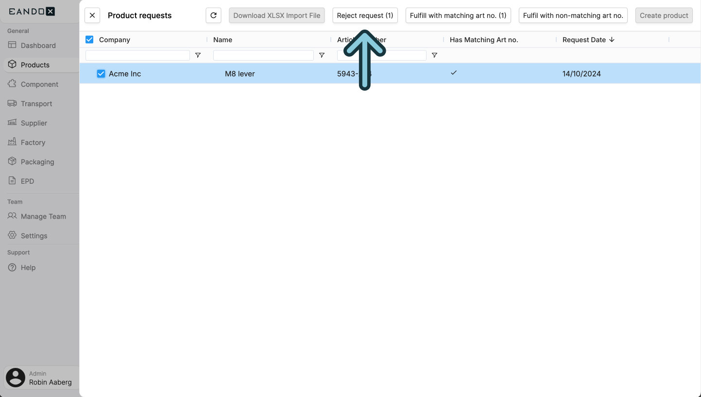 A screenshot of the EandoX platform showing a user where to click to request product requests.