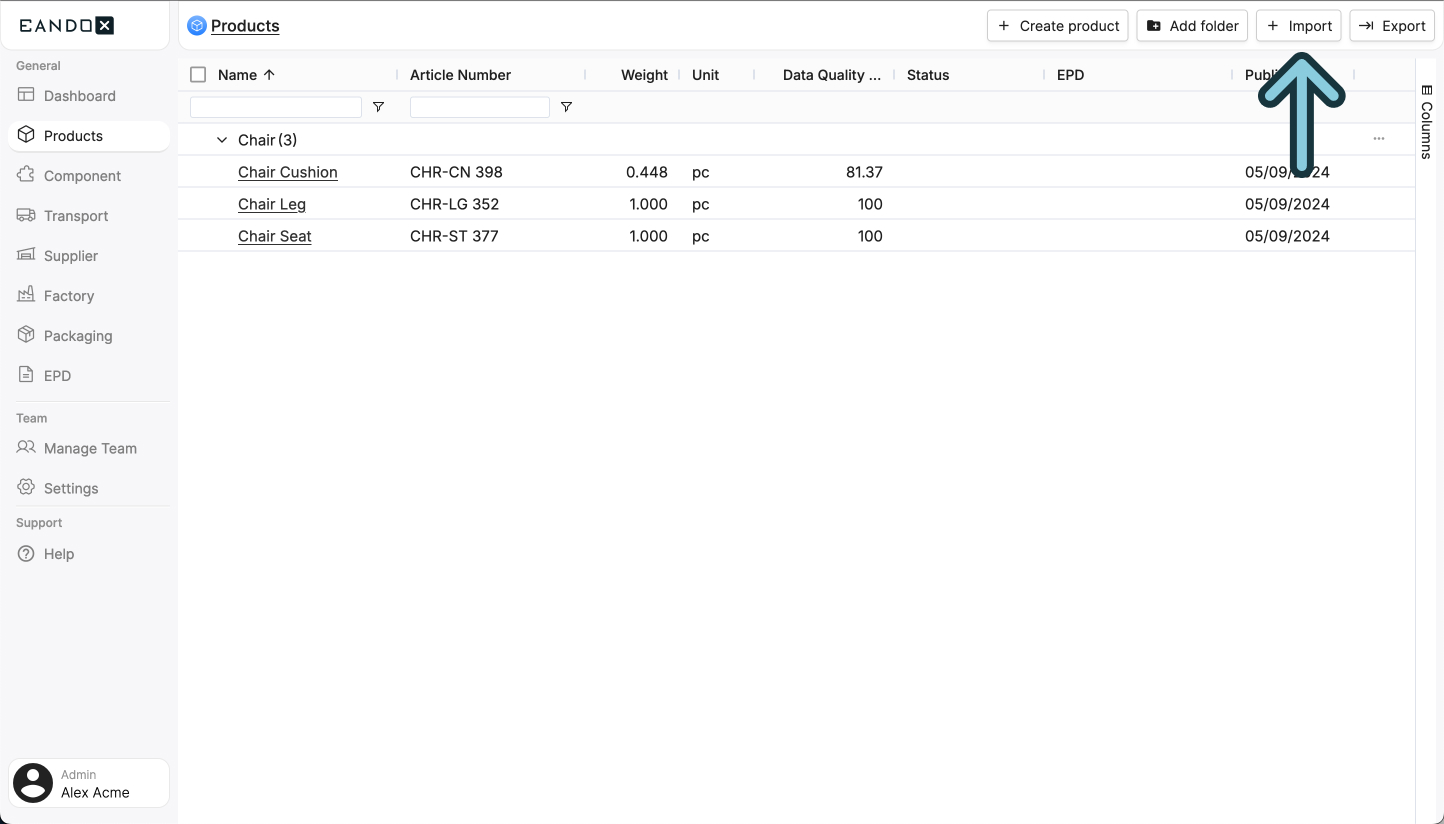 A screenshot of the EandoX platform showing a user where to click to Import their products from an external data file.