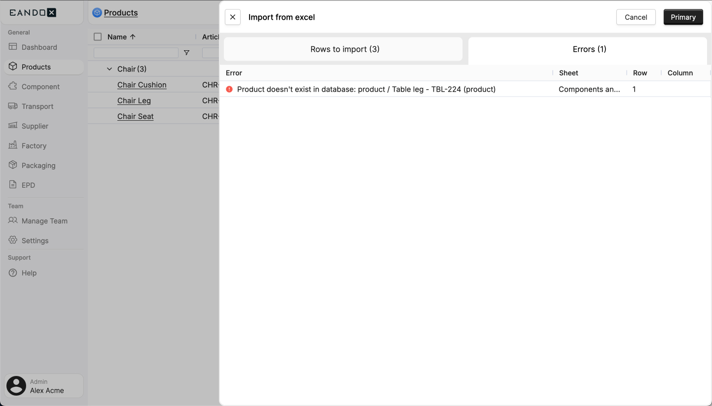 A screenshot of the EandoX platform showing the Errors tab in the side-panel view of the Import Products option after importing an external file.