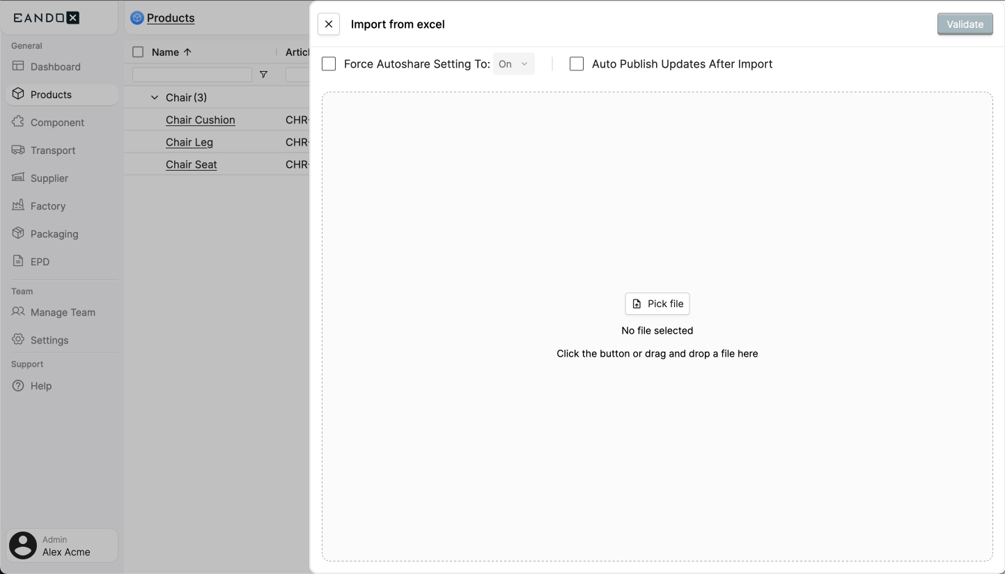 A screenshot of the EandoX platform showing the side-panel view for the Import Products option.