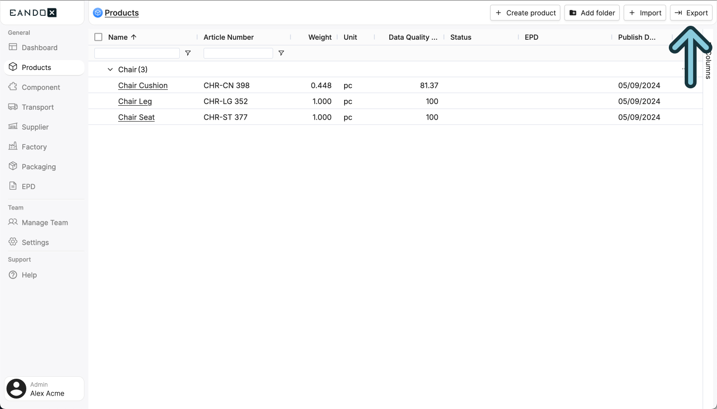 A screenshot of the EandoX platform showing a user where to click to use the Export Products option.