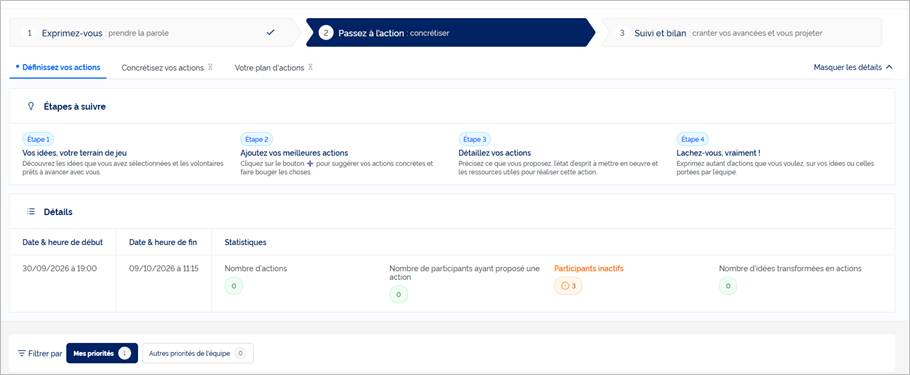 Vue participant – Définissez vos actions