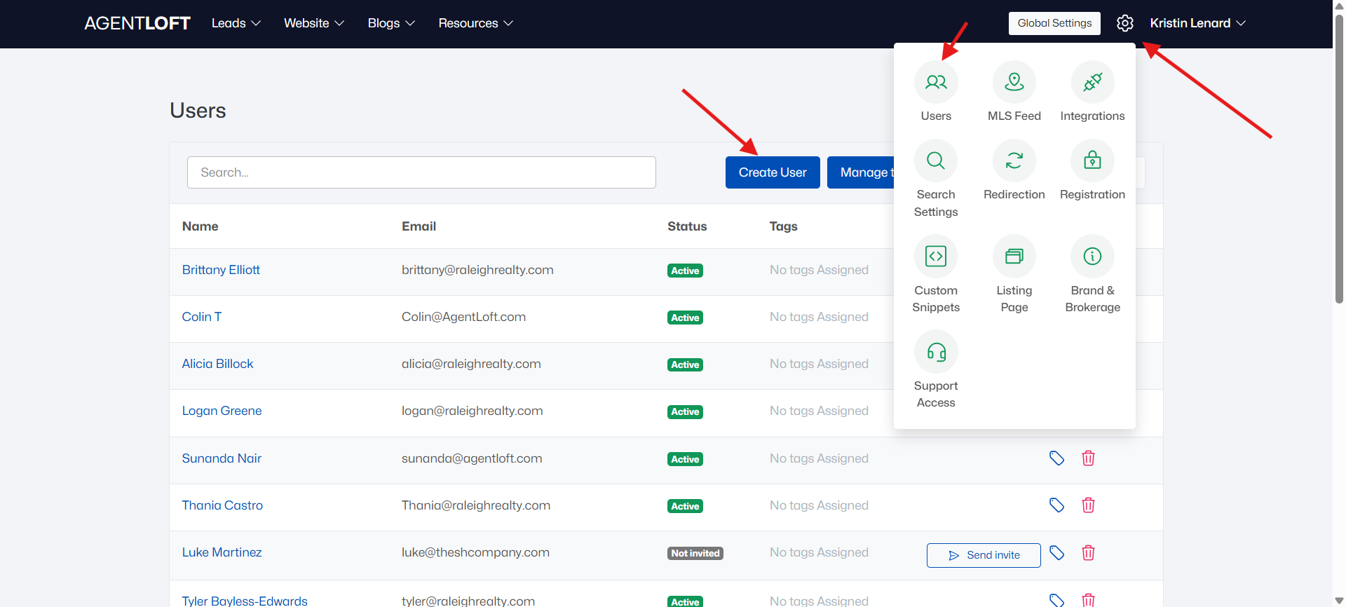 Settings menu — Users panel with Create User button