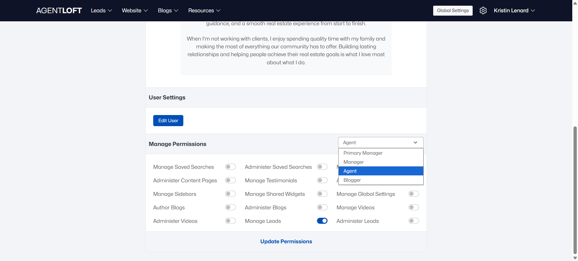 User profile — Manage Permissions role dropdown and toggles