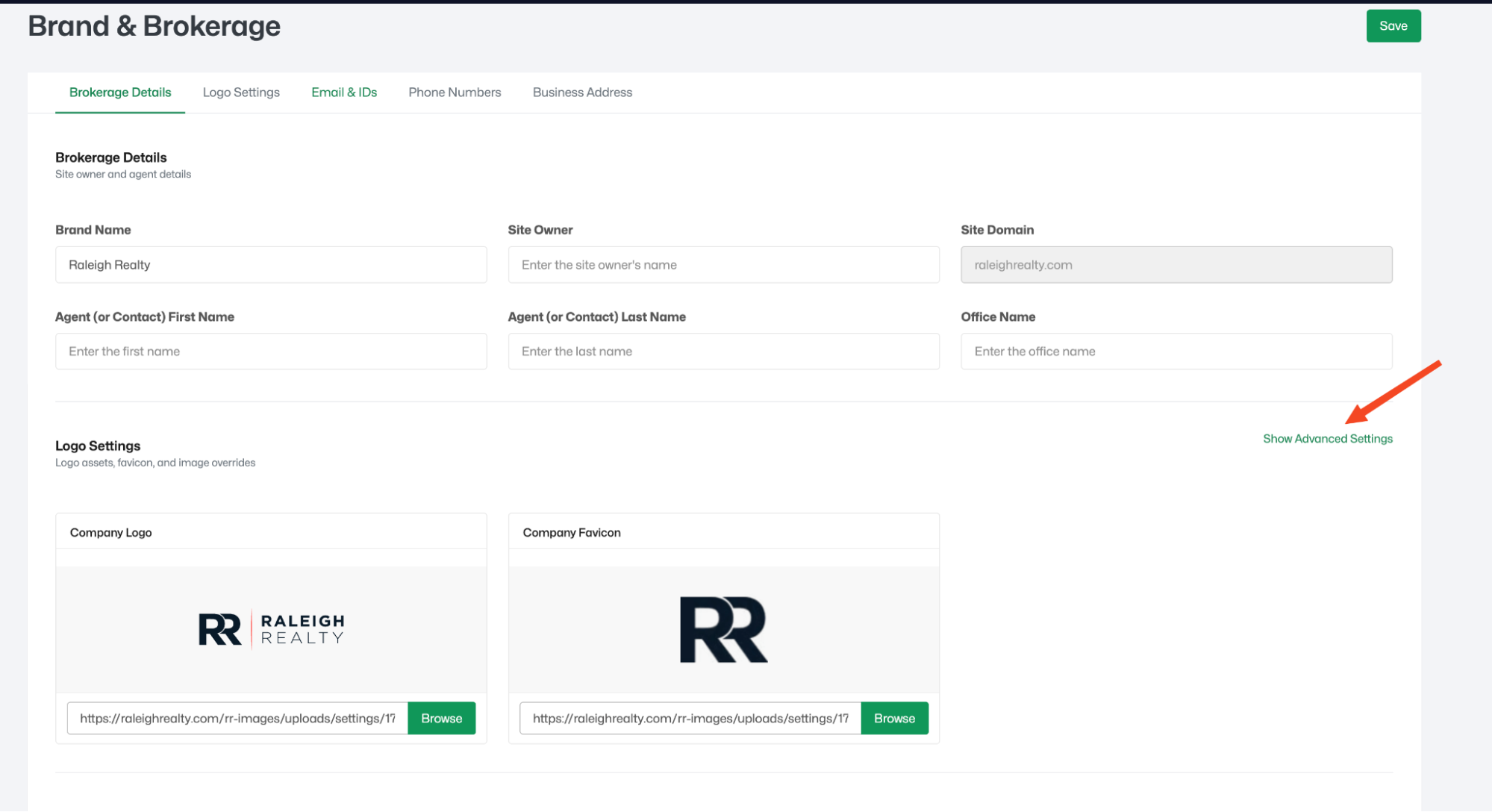 Brand & Brokerage page — Brokerage Details and Logo Settings, with Show Advanced Settings link