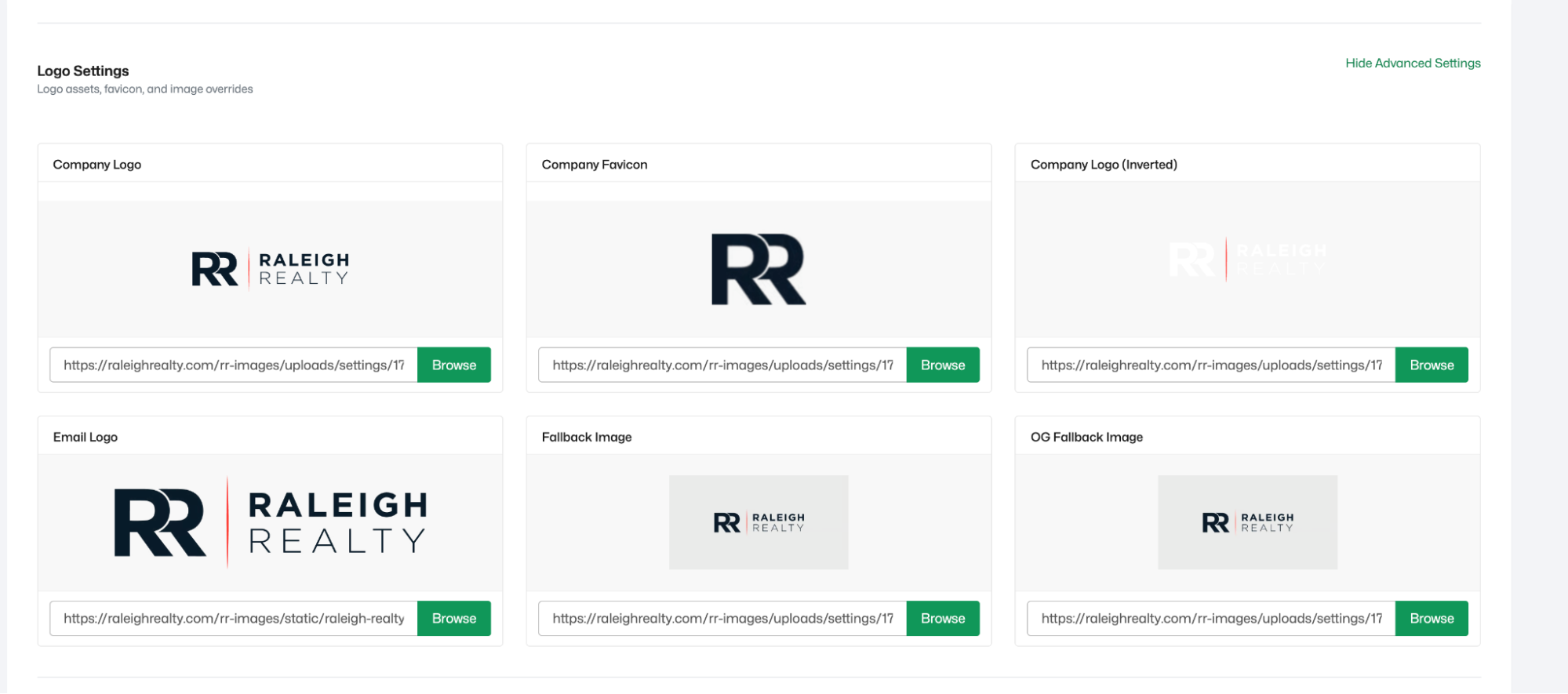 Logo Settings expanded — all six image upload fields