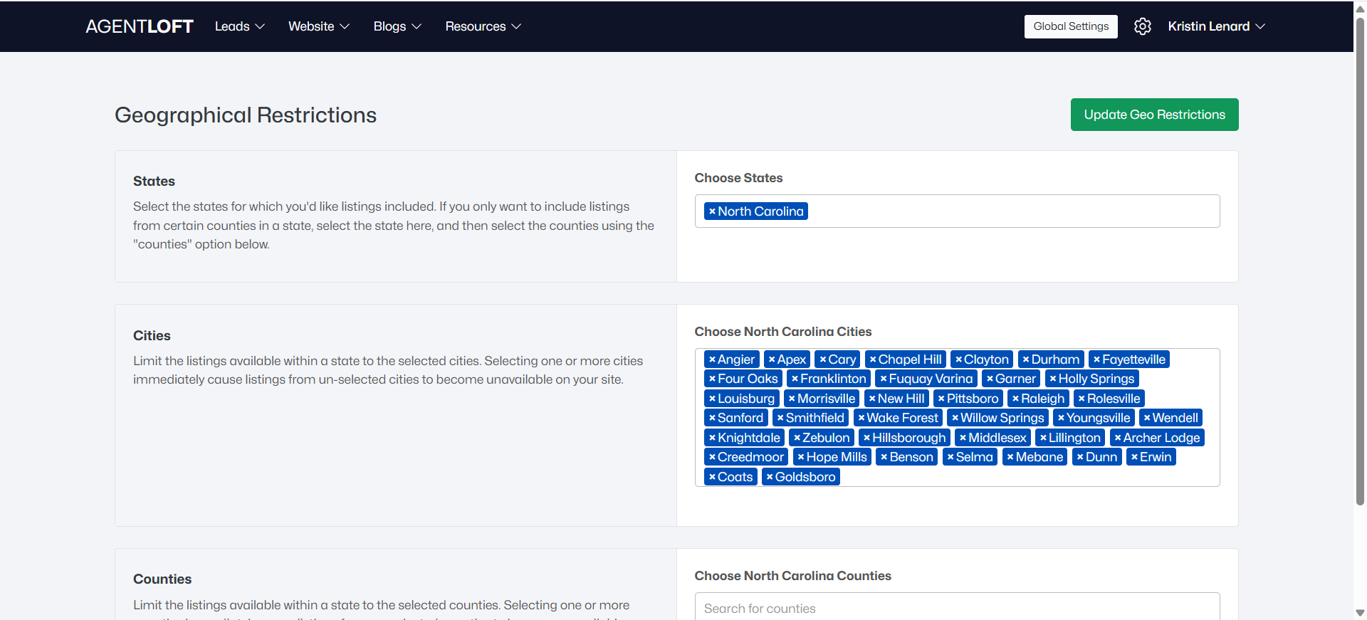Geographical Restrictions page — States, Cities, and Counties selection