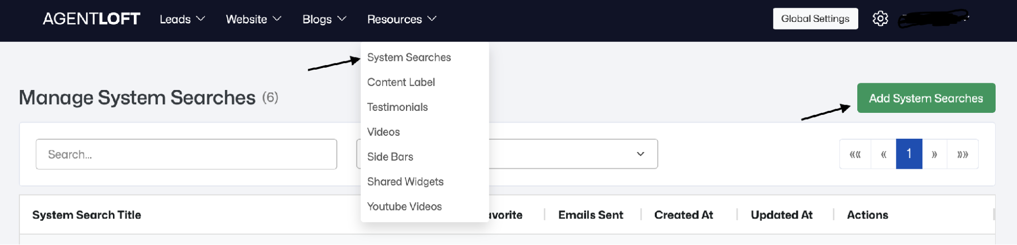 Resources menu — System Searches