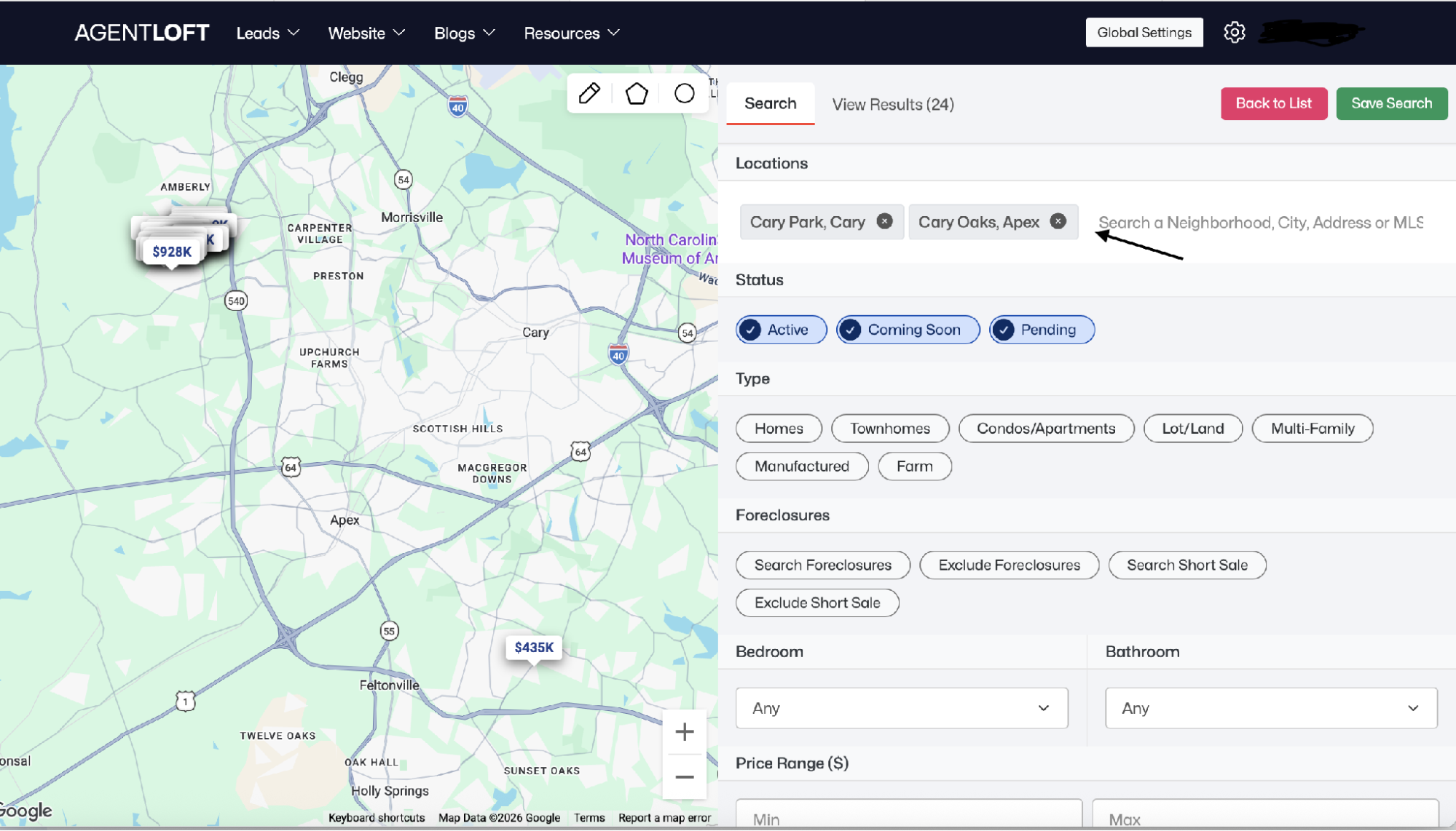 System search builder — Locations field and map drawing tools