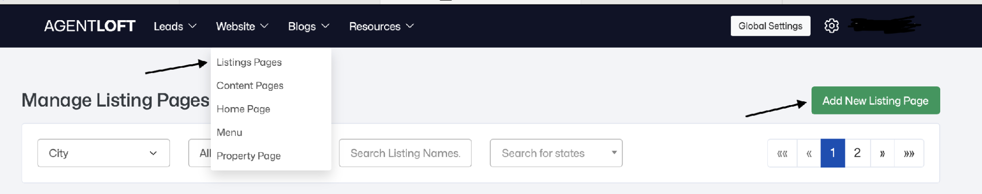Website menu — Listings Pages