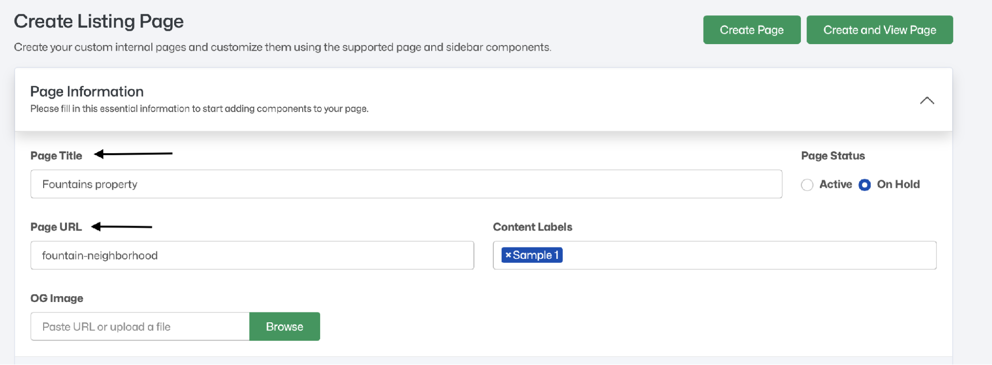 Create Listing Page — Page Title, Page URL, and Content Labels fields