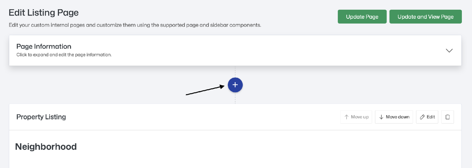 Edit Listing Page — Add Component (+) button