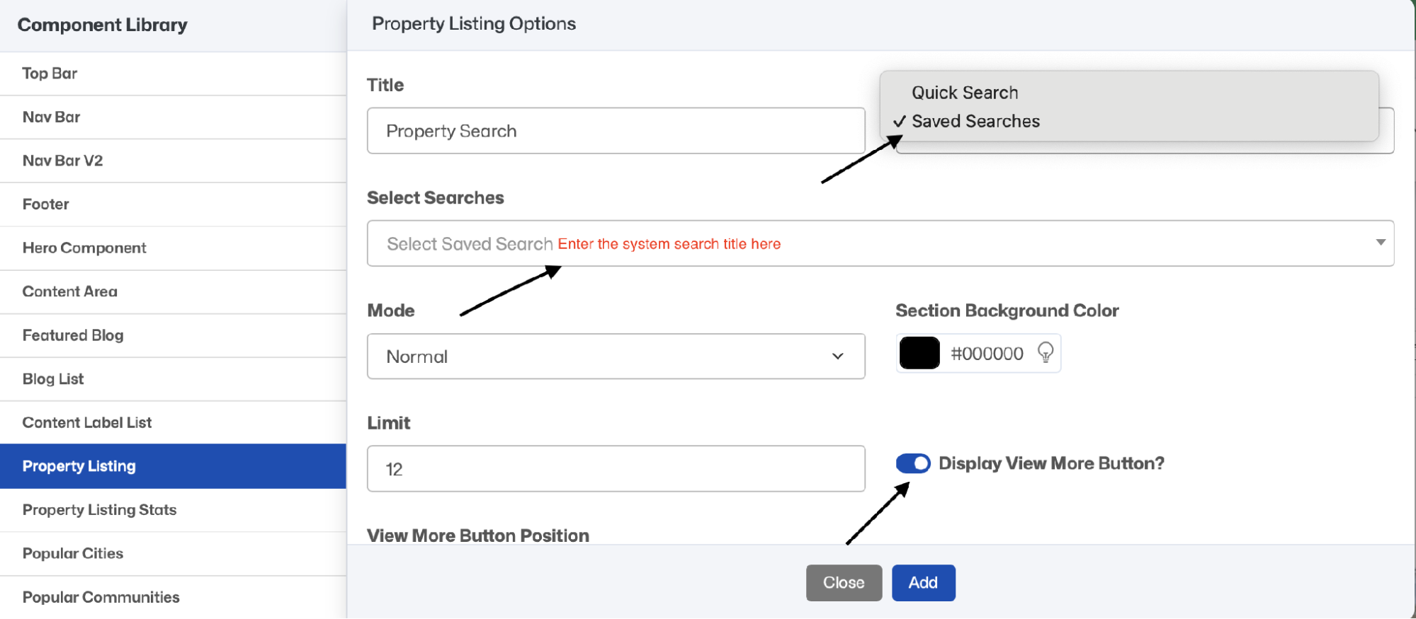 Property Listing Options — Saved Searches source, search title, and Display View More Button toggle