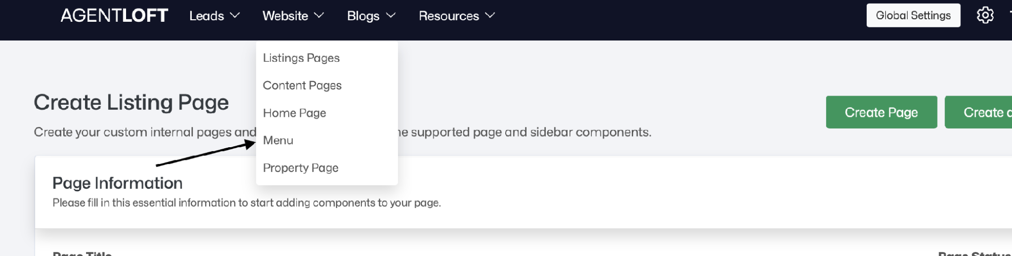 Website menu — Menu option
