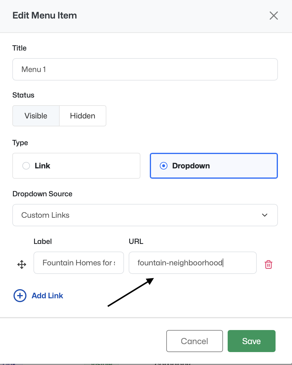 Edit Menu Item — Dropdown type with Label and URL fields