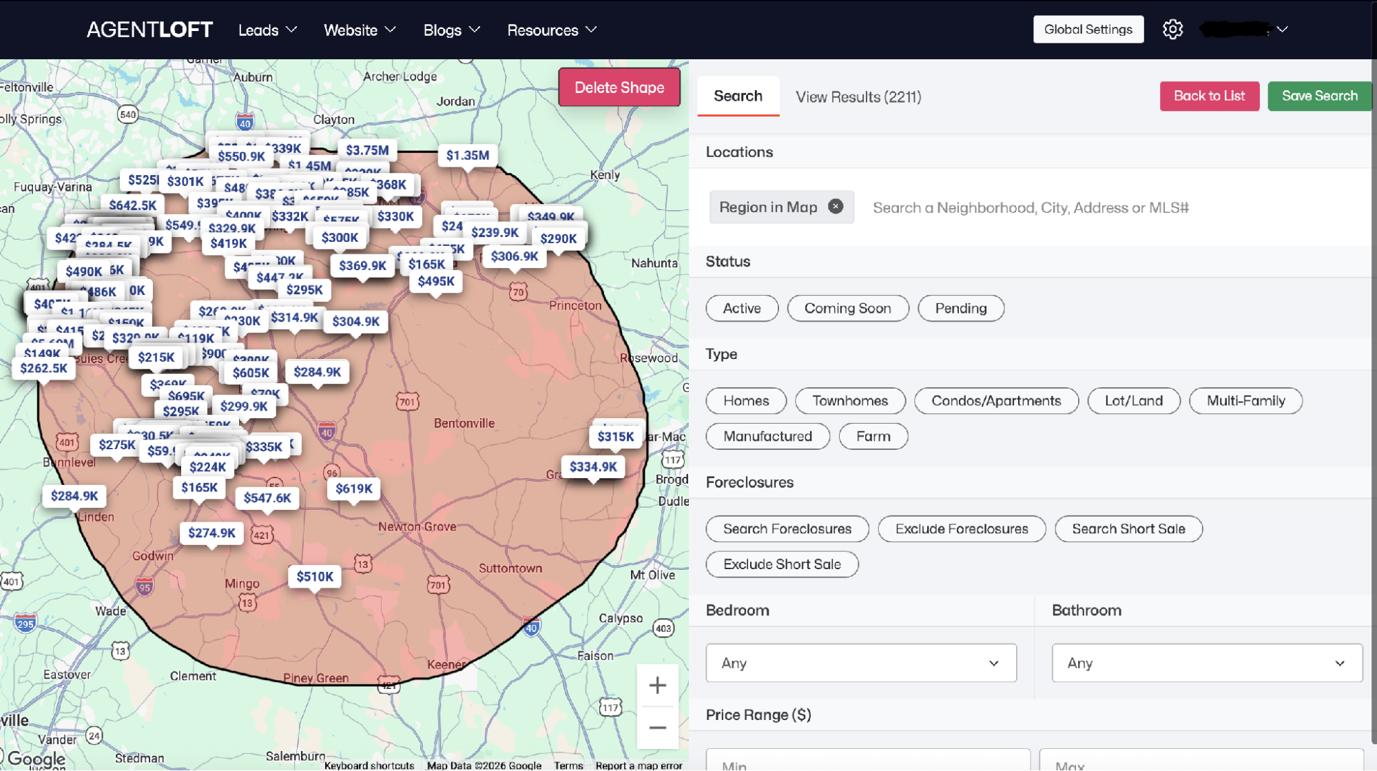 AgentLoft admin panel — map search with polygon drawing tool and filter sidebar