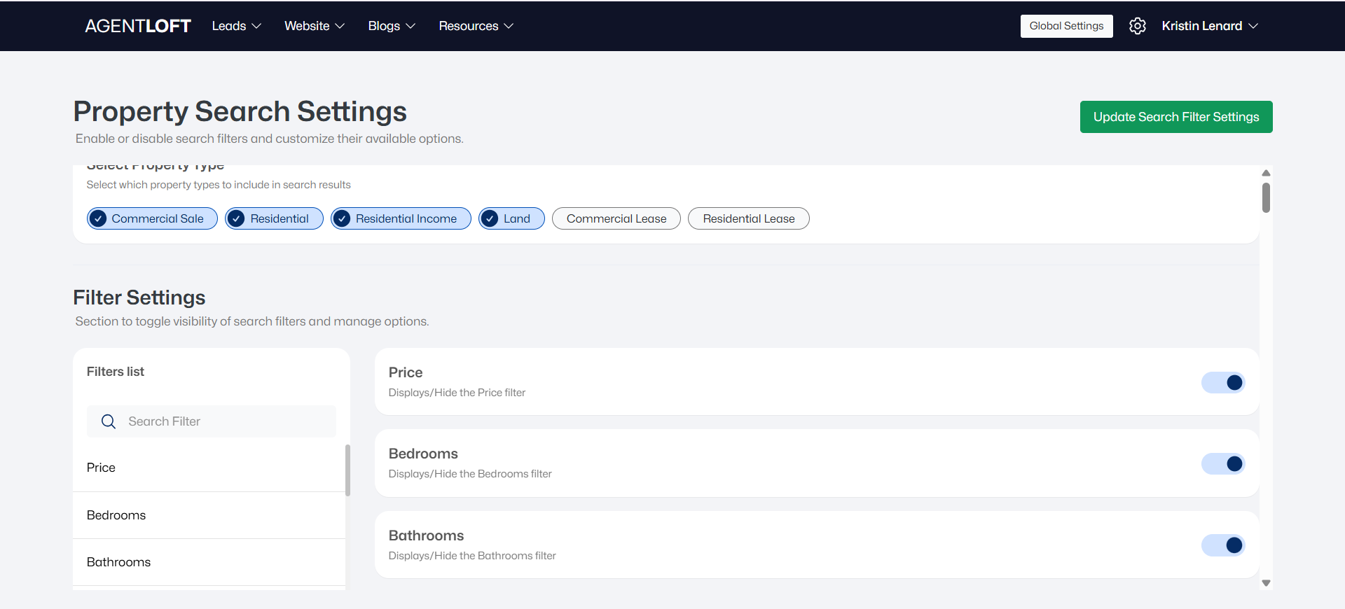 Property Search Settings — property types and filter visibility toggles
