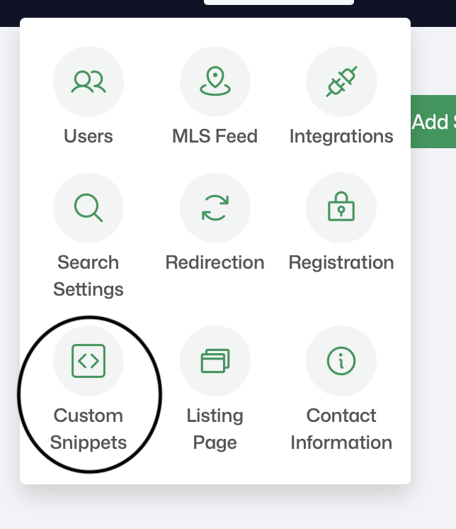 Settings menu — Custom Snippets option
