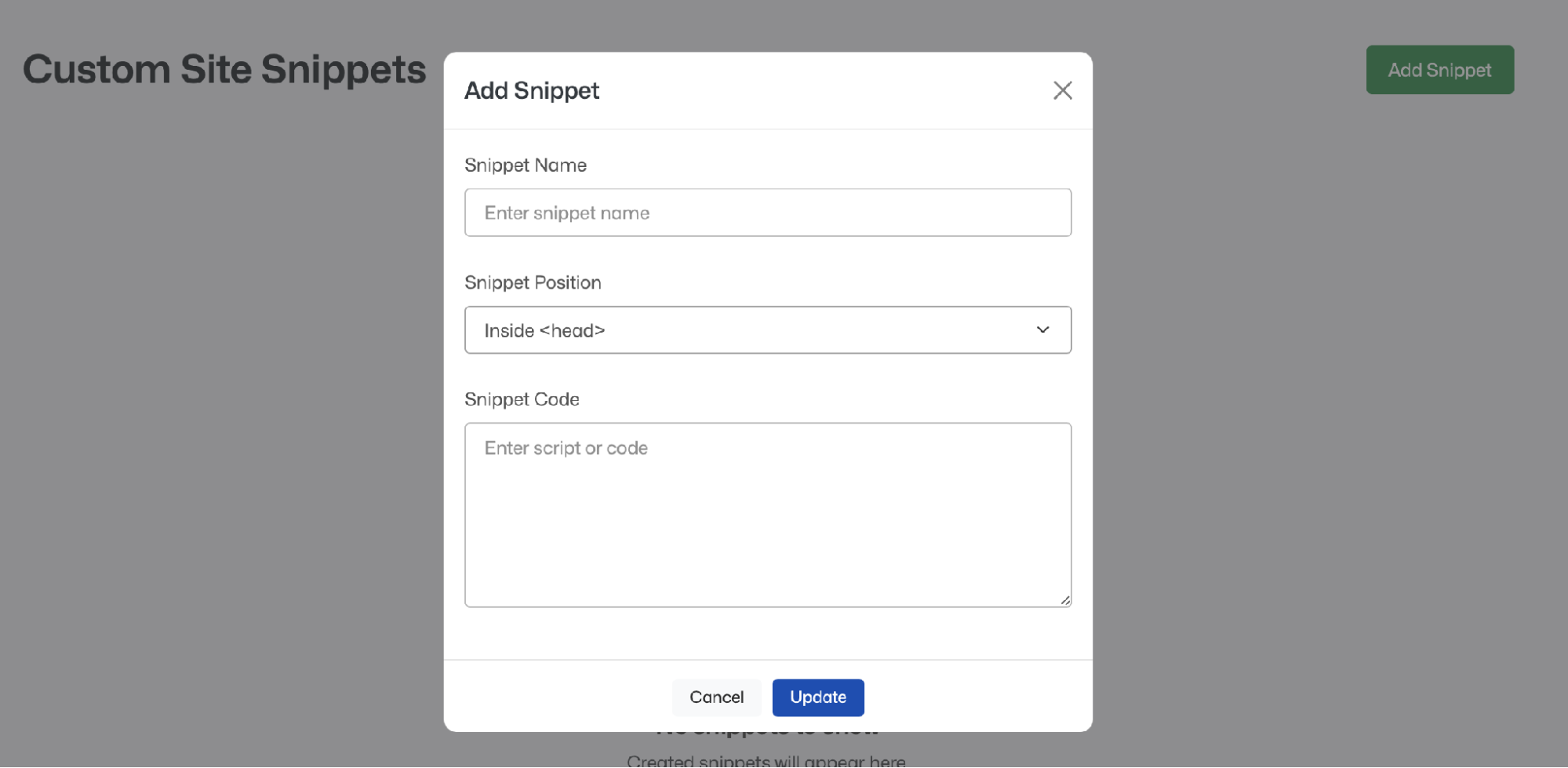 Add Snippet form — name, position, and code fields