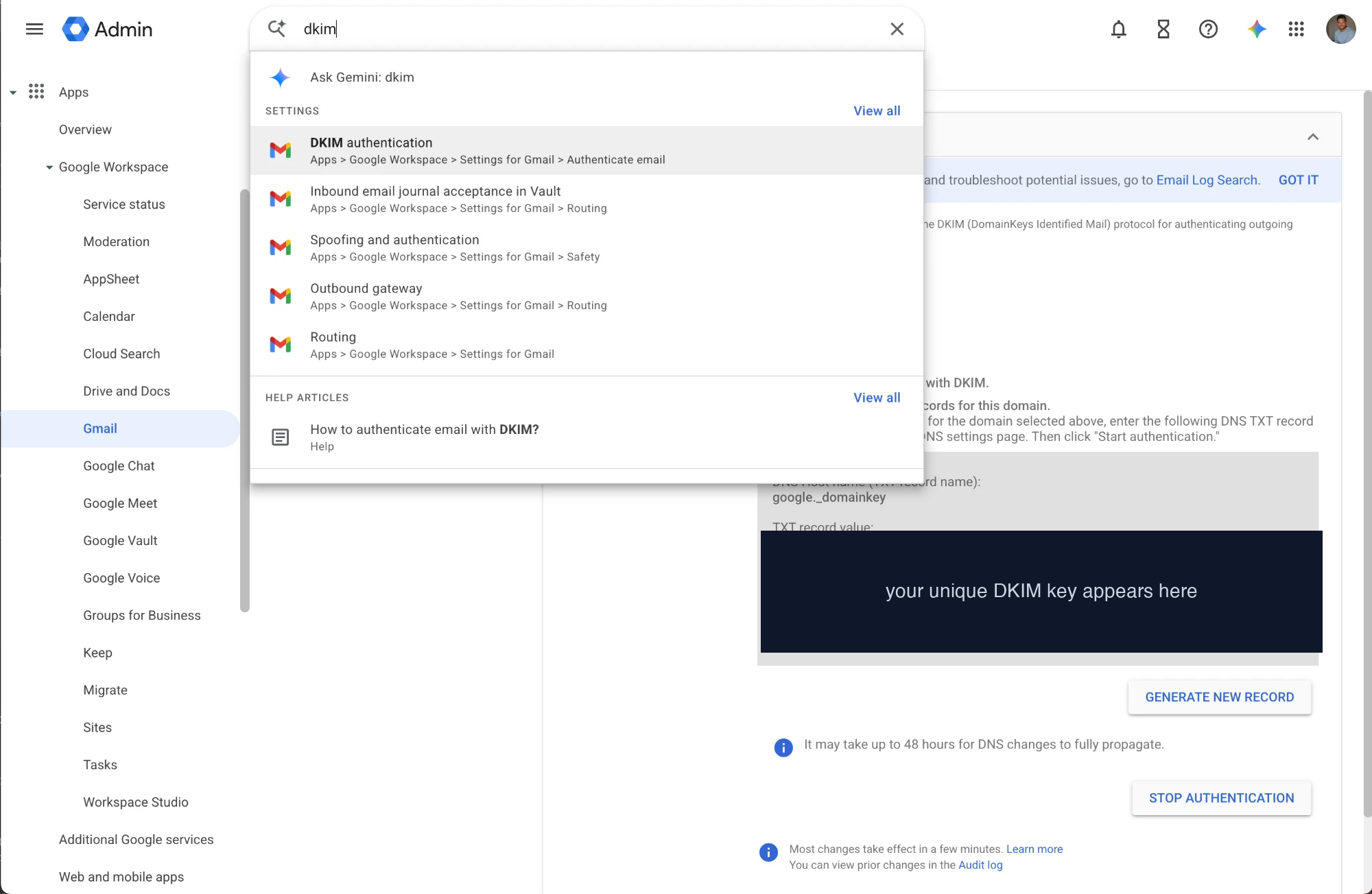 Google Admin — DKIM authentication screen with the TXT record
