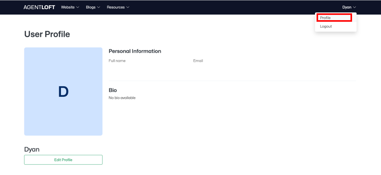 Top right name menu — Profile and Logout