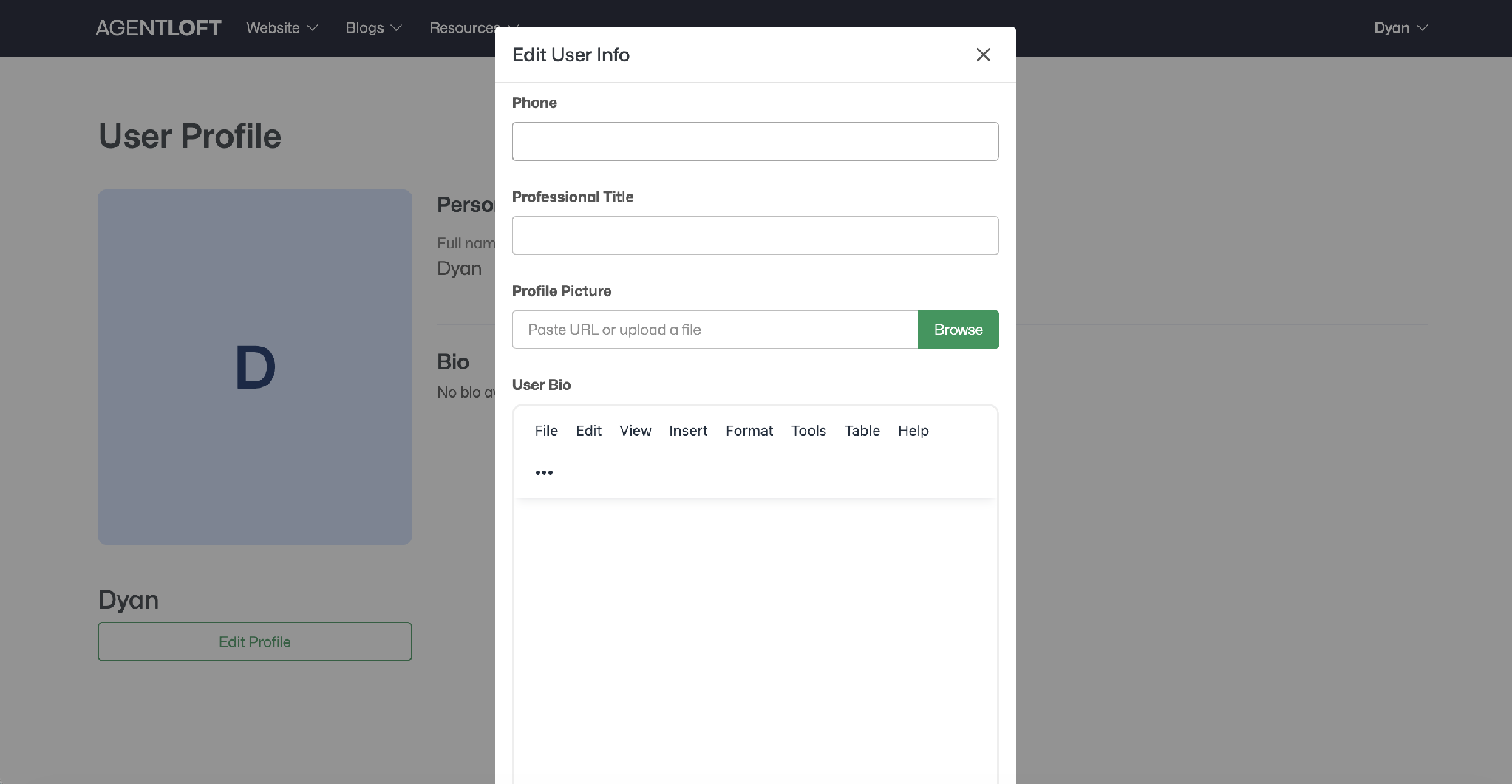 Edit User Info — phone, title, picture, and bio