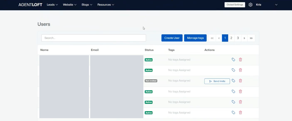 Users list — Create User, status, and tags (names and emails hidden)
