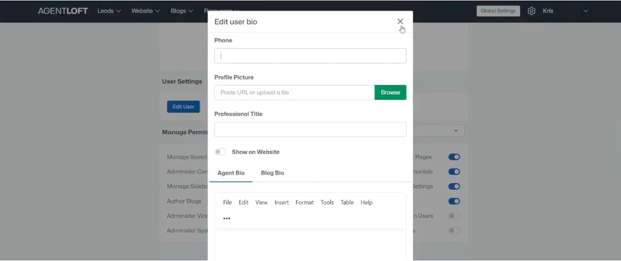Edit user bio — profile fields, Show on Website, and the two bio tabs