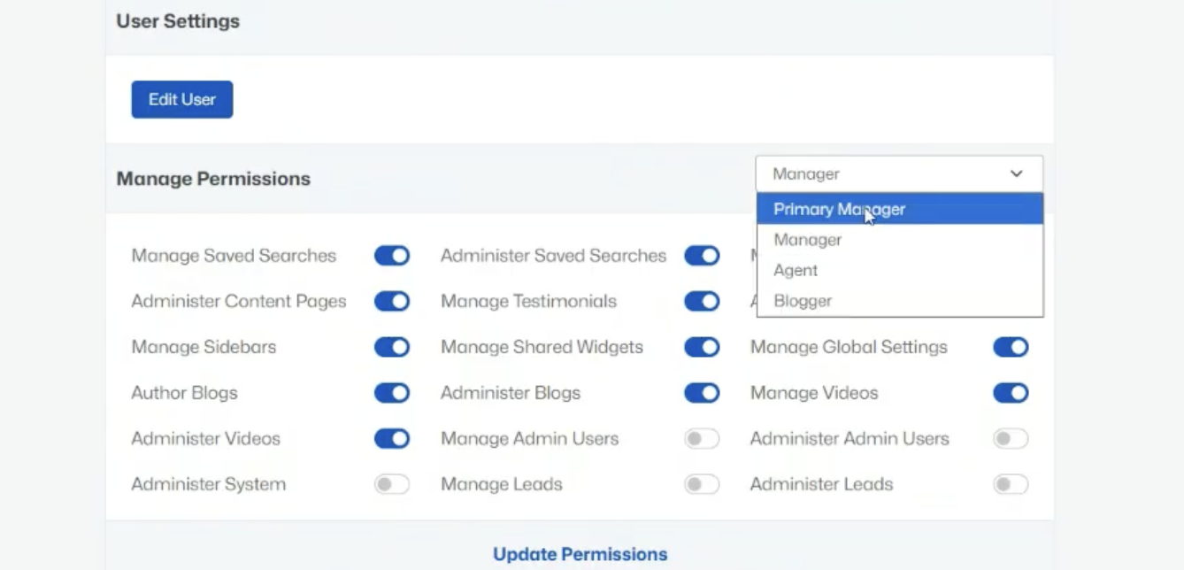 Manage Permissions — role dropdown and permission toggles
