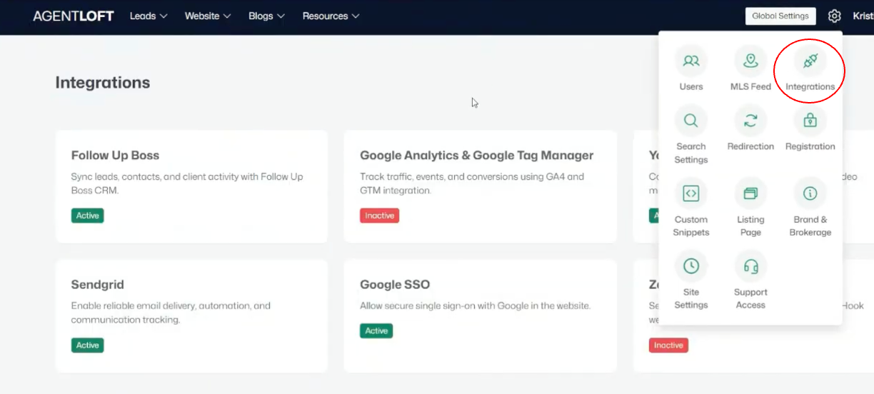 Integrations — each tool shown as a card with its status