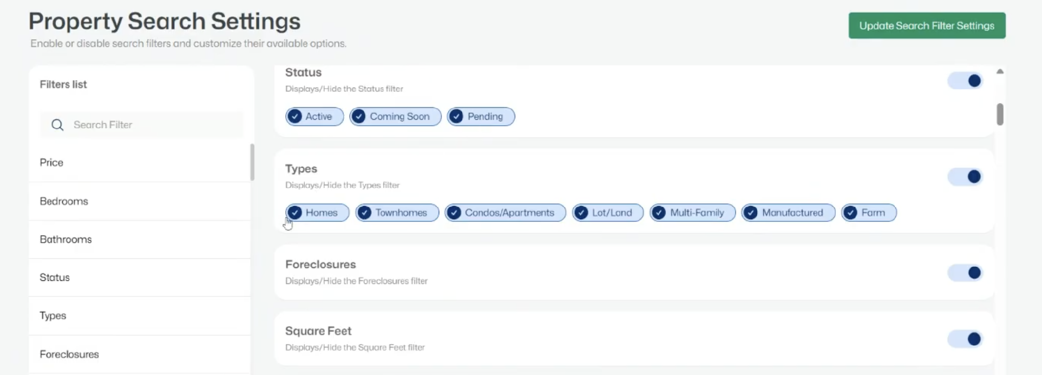 Filter Settings — toggles and per-filter options