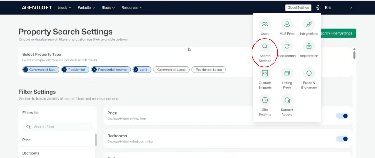 Property Search Settings — property type selection