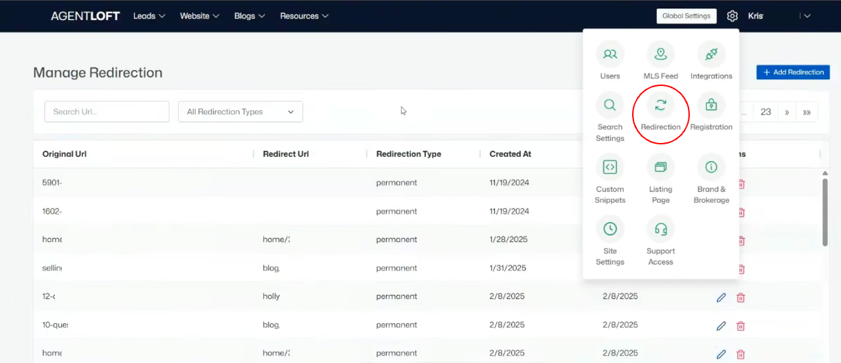 Manage Redirection — existing redirects and Add Redirection