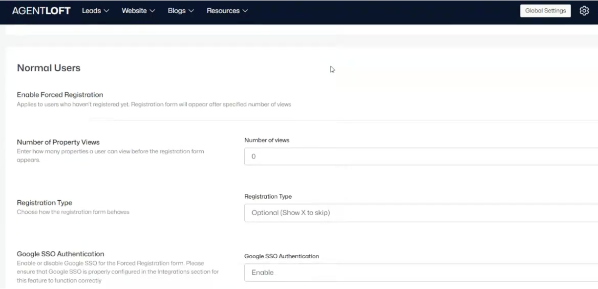 Registration Settings, Normal Users Section
