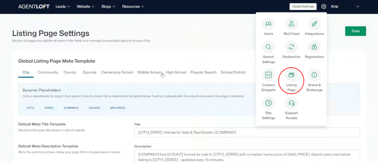 Listing Page Settings — meta templates and dynamic placeholders