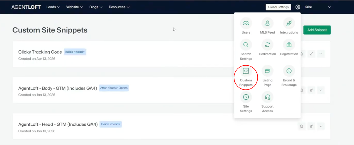 Custom Site Snippets — saved snippets with their positions