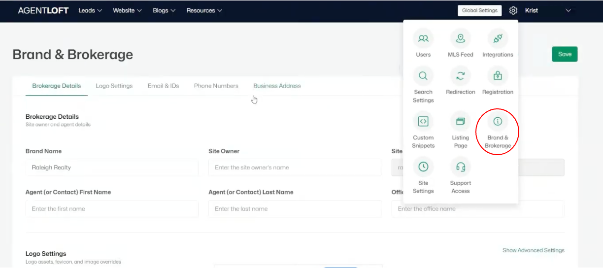 Brand & Brokerage — Brokerage Details tab