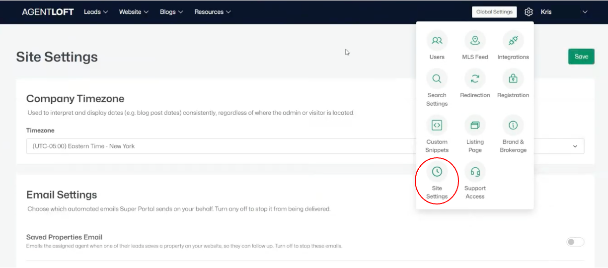 Site Settings, company time zone and automated email toggles