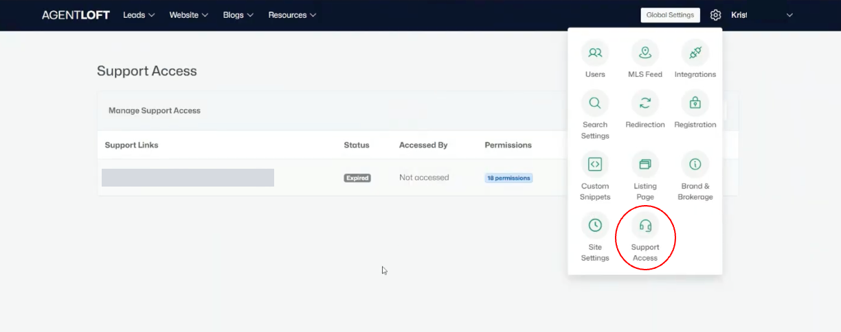 Support Access — support links and their status