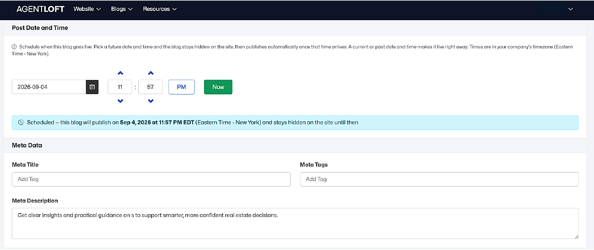 Create Blog — scheduling and meta data