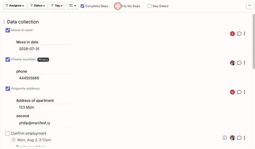 Turning on Only My Steps; steps assigned to other people disappear from the list