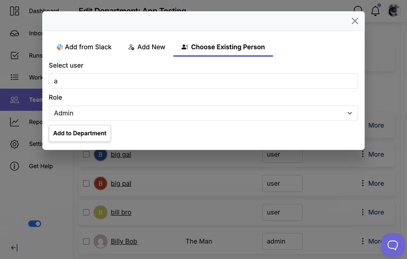 The Team Member dialog on its Choose Existing Person tab, with the Select user field, the Role dropdown and the Add to Department button