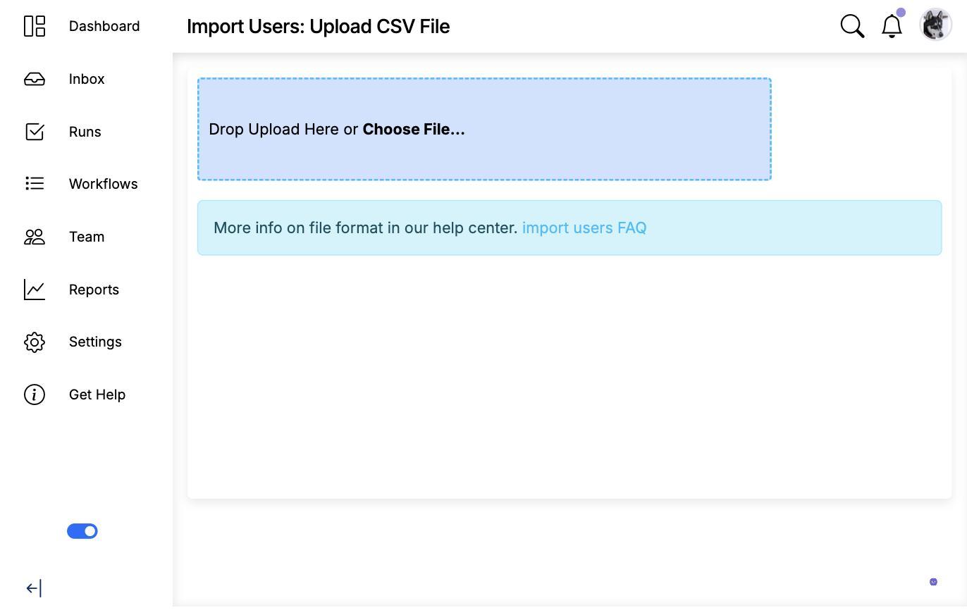 The Import Users: Upload CSV File page with its drop area